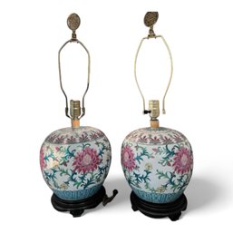 Charming Vintage Pair Of Hand Painted Chinese Peony Tobacco Leaf Style Table Lamps