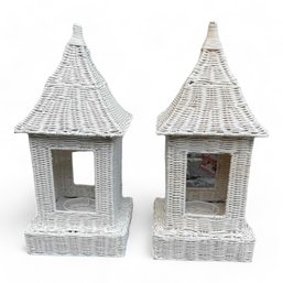 Pair Of White Wicker Asian Pagodas, Lanterns, Bird House