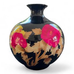 Vibrant Chinese Vase Black High Gloss Finish, Pink And Gold Floral Pattern With Gold Characters