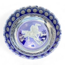 Bohemian Cobalt Blue Cut To Clear Round Display Plate With Horse Etching