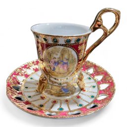 Rare And Exquisite KPM Porcelain Tea Set - 12 Hand-Painted Tea Cups And Saucers, Pink With Gold