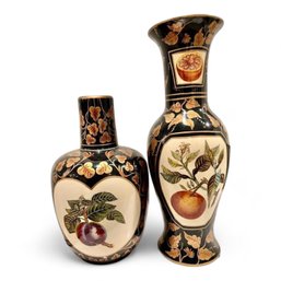 Pair Of Handpainted Porcelain Vases With Fruit And Floral Motif - In The Style Of Maitland Smith