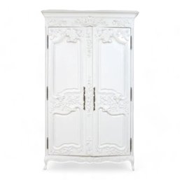 Vintage French Provincial Style Armoire With Ornate Carvings White Finish