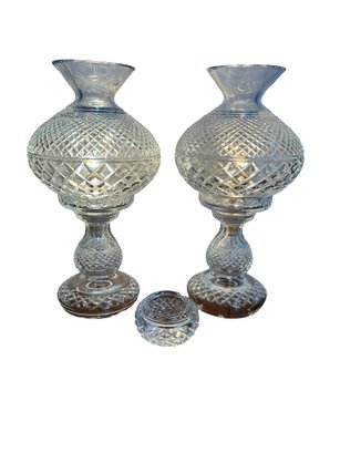 Waterford Crystal Hurricane Table Lamp Lot Of 2 & Matching Waterford Crystal Ashtray