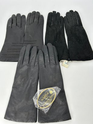 Lot Of 3 Womans Gloves : Aris 100 Cashmere Lining Leather Gloves Size 8, B. Altman & Non Branded