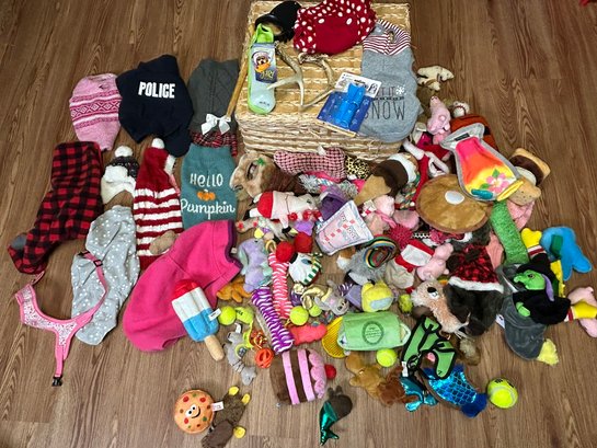 HUGE Lot Of Small Dog Toys, Clothing, Grooming Supplies And Covered Basket