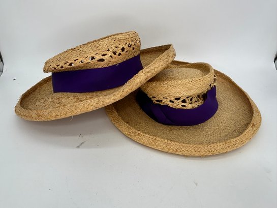 Pair Of Vintage Italian Straw Hats With Purple Ribbon Size 7