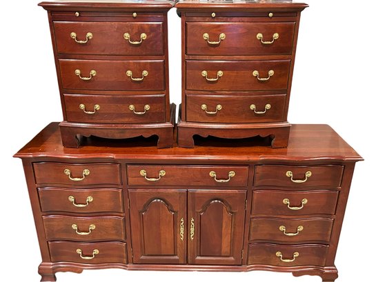 Vintage Pennsylvania House Chippendale Style Dresser & 2 Nightstands, Cherry Finish With Brass Pulls