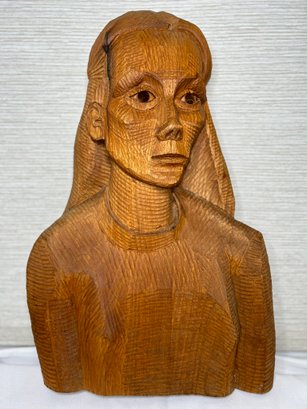Hand Carved Wood Portrait Bust Of A Young Woman - Artist Signed #1