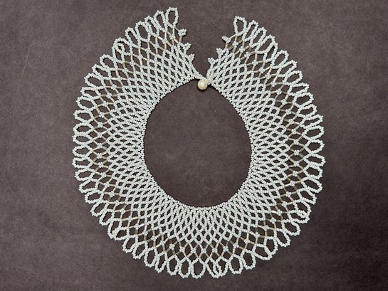 Vintage Woven Webbed White Pearl Type Beaded Bib Choker Necklace