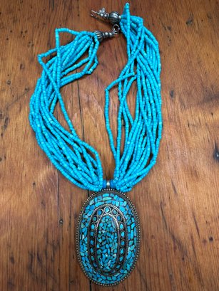 Multi Strand Layered Beaded Turquoise Pendant Necklace