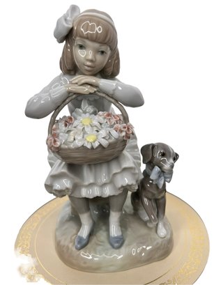 Vintage Lladro Girl With Basket Of Flowers & Her Dog 1088