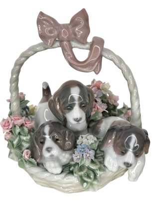 Vintage Lladro Litter Of Love Puppies In A Basket