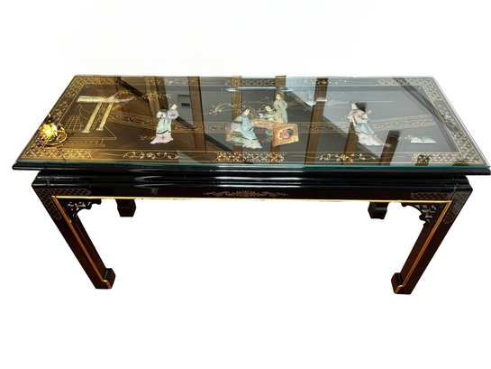 Glass Top Black Lacquer Chinoiserie Console Table With Inlay Design