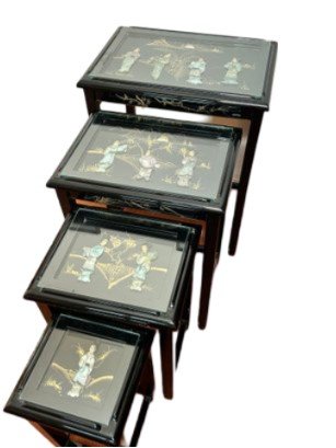 4 Glass Top Black Lacquer Chinoiserie Nesting Tables With Inlay Design