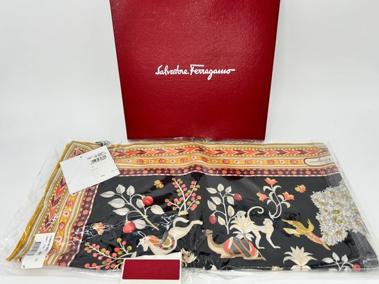 Salvatore Ferragamo 100 Percent Silk Scarf- New In Box With Tags Camel Monkey Rabbit Design