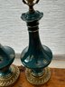 Vintage Mid Century Modern Brass Base Table Lamps With A Gold Gilt Floral Design