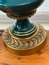 Vintage Mid Century Modern Brass Base Table Lamps With A Gold Gilt Floral Design