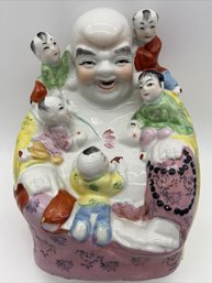 Famille Rose Chinese Laughing Buddha And Children Fertility Porcelain Statue  8.5'