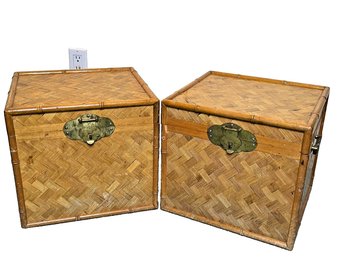 Set Of 2 Matching Vintage Bamboo Cube Storage Chests Herringbone Woven