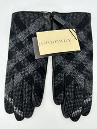 Burberry Charcoal Check Wool & Leather Gloves- NEW With Tags - Women's Size 8