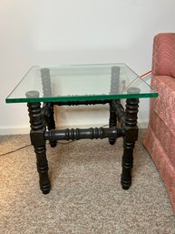 Interesting Wood & Thick Glass Top Living Room Side Table