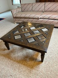 Large Vintage Glass Inlaid And Wood Living Room Coffee Table