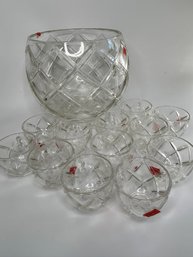 Large Punch Bowl And Set Of 12 Matching Glasses