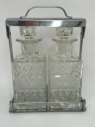 Vintage Mid Century Decanter Set With Chrome Art Deco Style Carrier  Rye & Scotch