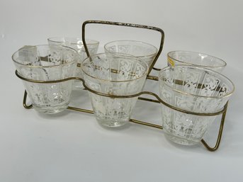 Mid Century Modern Set Of 6 Etched Glasses With Bar Caddy