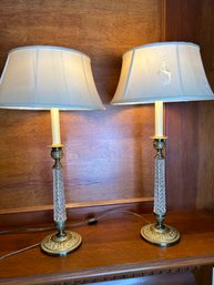 Matching Pair Gold Tone & Glass Mantle Lamps