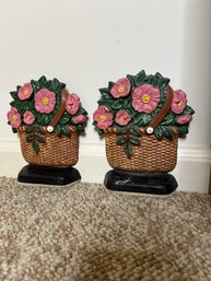 Matching Pair Of Floral Basket Cast Iron Door Stoppers