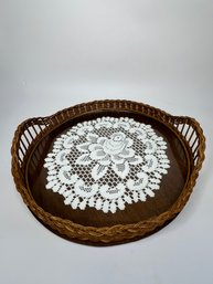 Vintage Wicker Double Handle Serving Platter With Doily Under Glass