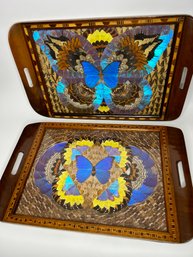 Pair Of Butterfly Marquetry Serving Trays With Glass Tops