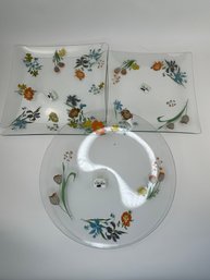 Set Of 3 Floral Theme Glass Serving Platters/trays