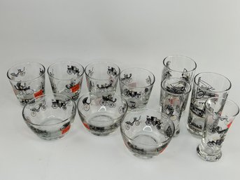 Antique Carriage And Steam Train Theme Glassware