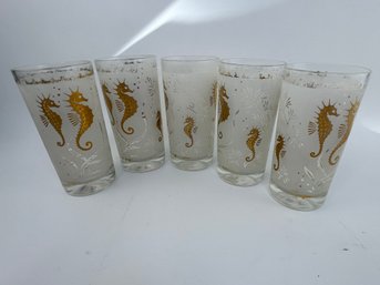 Vintage Set Of 5 Glass Sea Horse Theme Glasses