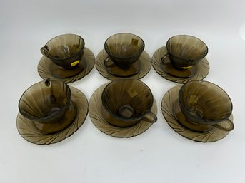 Arcoroc, France Mid Century Brown Glass Tea Cups And Saucers