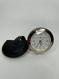 Vintage Howard Miller Travel Alarm Clock And Leather Case