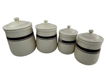 Set Of 4 McCoy Pottery Brown Stripe Crock Lidded Cookie Jars Mid Century Modern