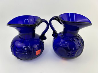 Cobalt Blue Glass Pitchers Marked CR