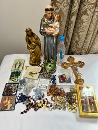 Vintage Rosery Beads And Religious Figurines