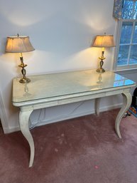 Glass Top Textured Finish Desk With A Pair Of Matching Lamps