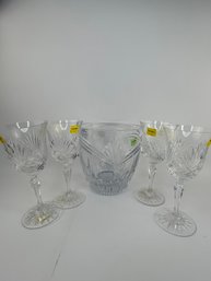 Waterford Crystal Ice Bucket With 4  Similar Signed (unidentified) Crystal Glasses