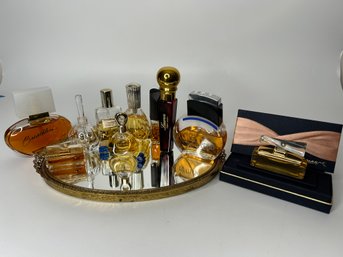 Vintage Designer Perfume Lot With Antique Oval Vanity Mirror Tray