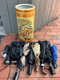 Vintage Umbrella Holder And Collection Of Umbrellas