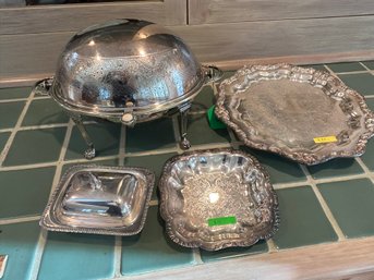 Vintage Silver Plate Bacon Warmer, Butter Dish And Serving Plates