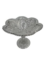 Cut Crystal Scallop Edge Deep Pedestal Candy Dish  With Hobstar And Caning