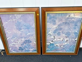 Vintage Japanese Crane Lithographs In A Wood & Gold Gilt Frames