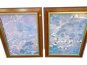 Vintage Japanese Crane Lithographs In A Wood & Gold Gilt Frames